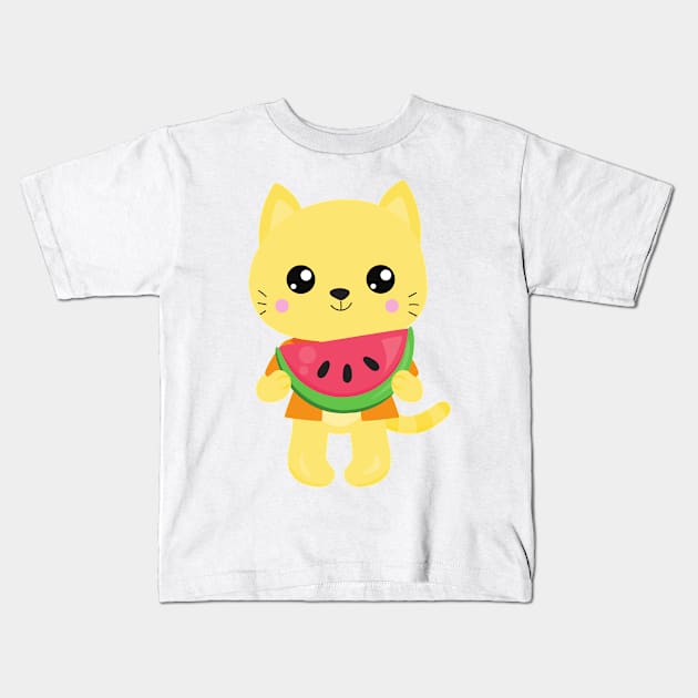 Hawaii Cat, Cute Cat, Yellow Cat, Watermelon, Luau Kids T-Shirt by Jelena Dunčević